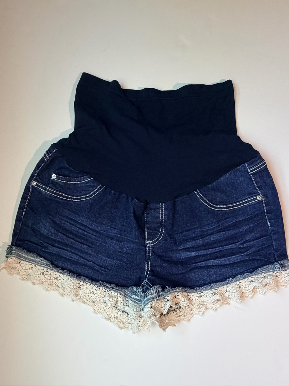 High-Waist Maternity Denim Shorts with Lace Trim - Black & Dark Blue